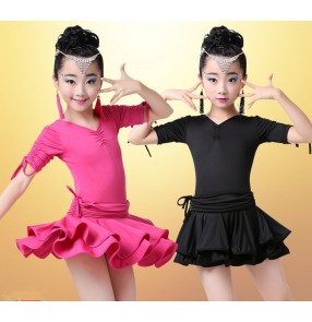 Fuchsia hot pink black short sleeves leotards spandex  girls kids children school play stage performance gymnastics competition latin salsa cha cha dance dresses outfits costumes